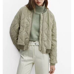 Mango Women's Quilted Bomber Jacket in Olive Green